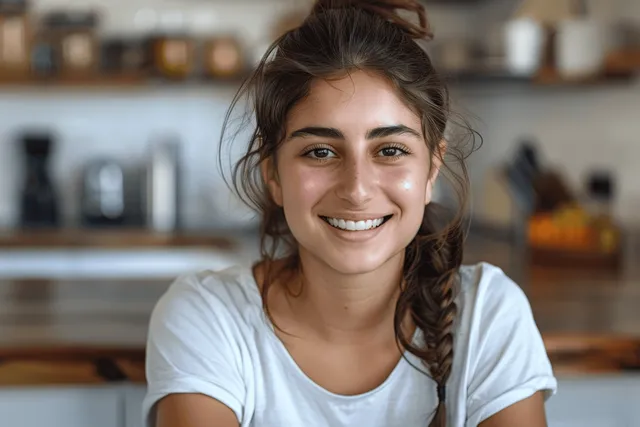 Smiling young woman with a braided ponytail in a softly lit home kitchen with blurred shelves behind her.