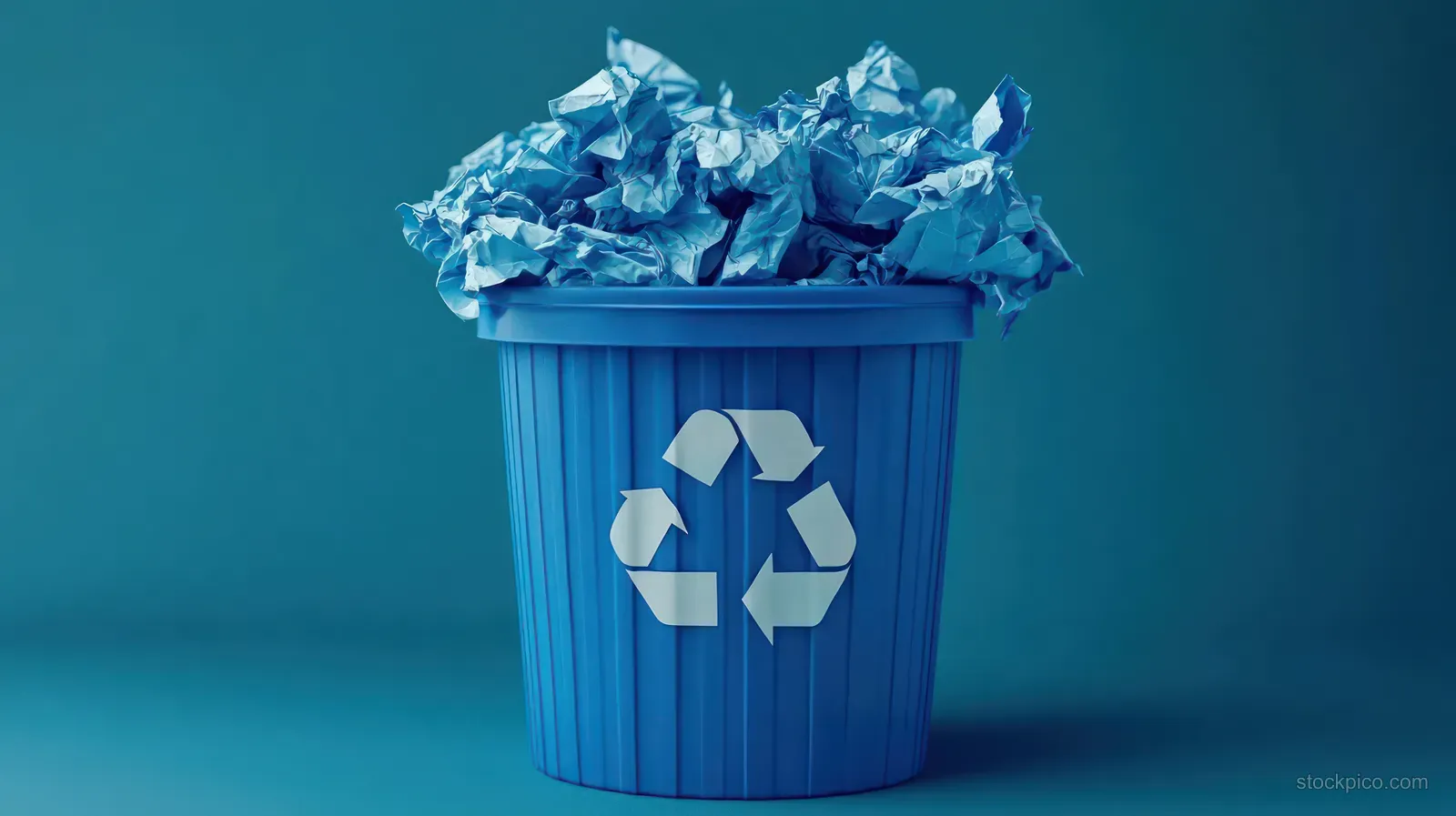 Blue recycling bin overflowing with crumpled paper on a smooth blue studio background.