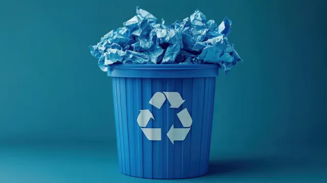 Blue recycling bin overflowing with crumpled paper under soft blue studio lighting