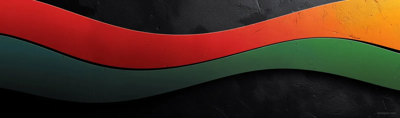 Juneteenth banner design shows flowing black, red, and green stripes curving across a dark background.
