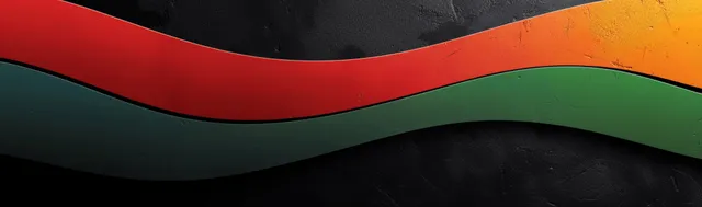 Juneteenth banner design shows flowing black, red, and green stripes curving across a dark background.