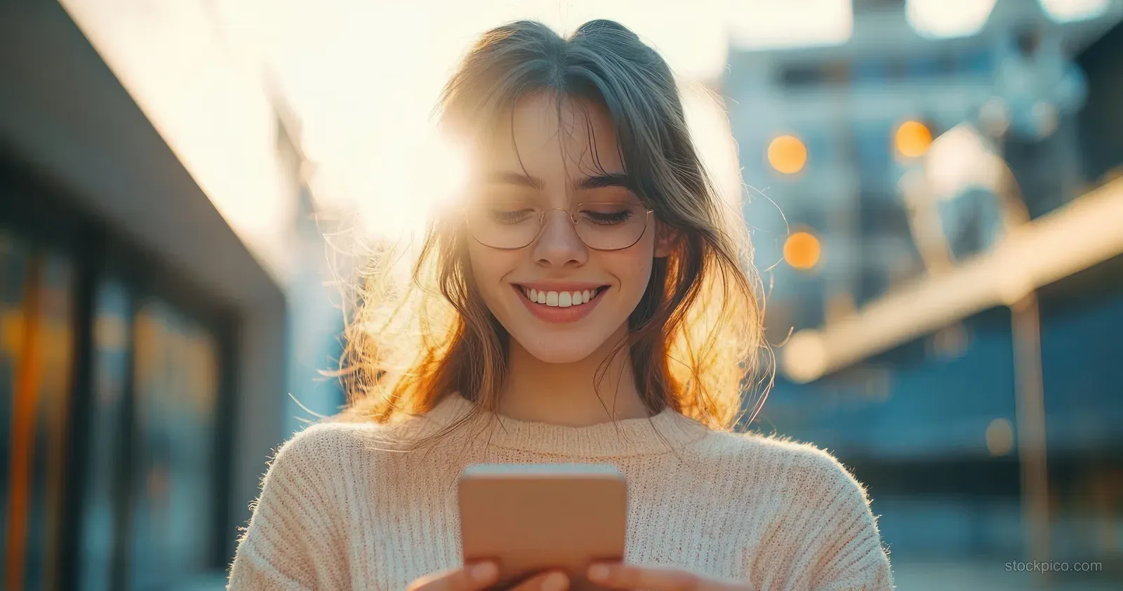 A smiling woman with glasses looks at her smartphone on a sunlit city street with a blurred background.
