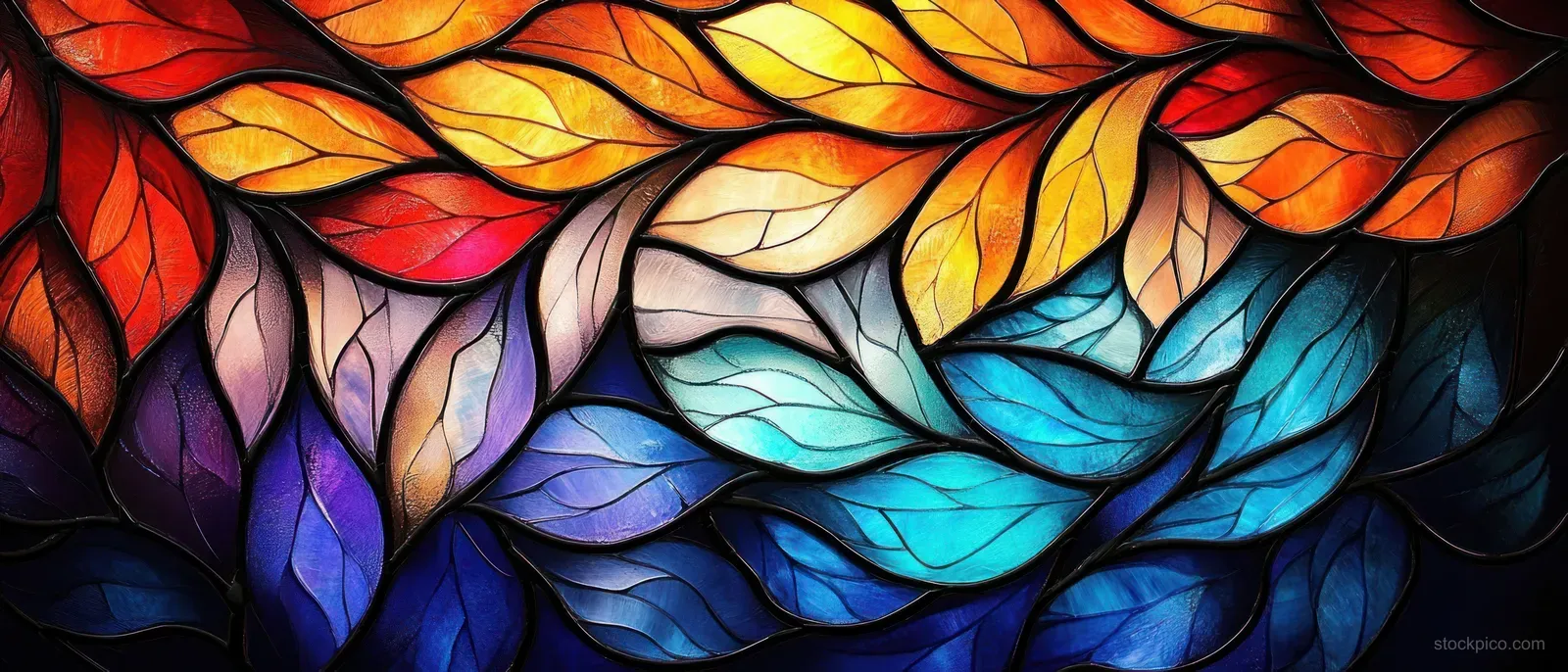 Vibrant stained glass swirl floral mosaic of overlapping leaf shapes with glowing translucent panels.