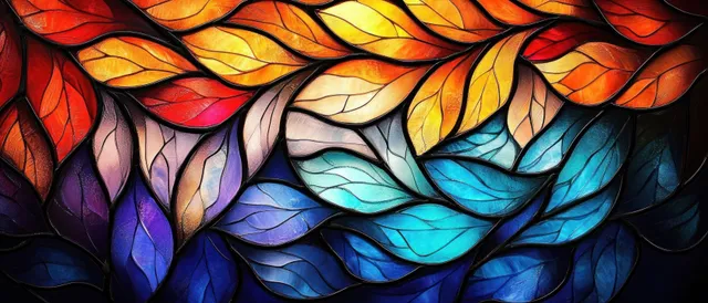 Colorful stained glass swirl floral mosaic with layered leaves and light beams