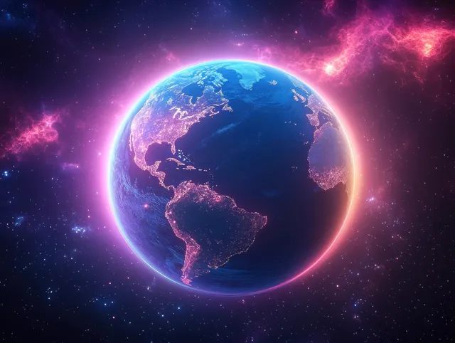 Glowing Earth from orbit with lit city patterns and pink nebula clouds in deep space.