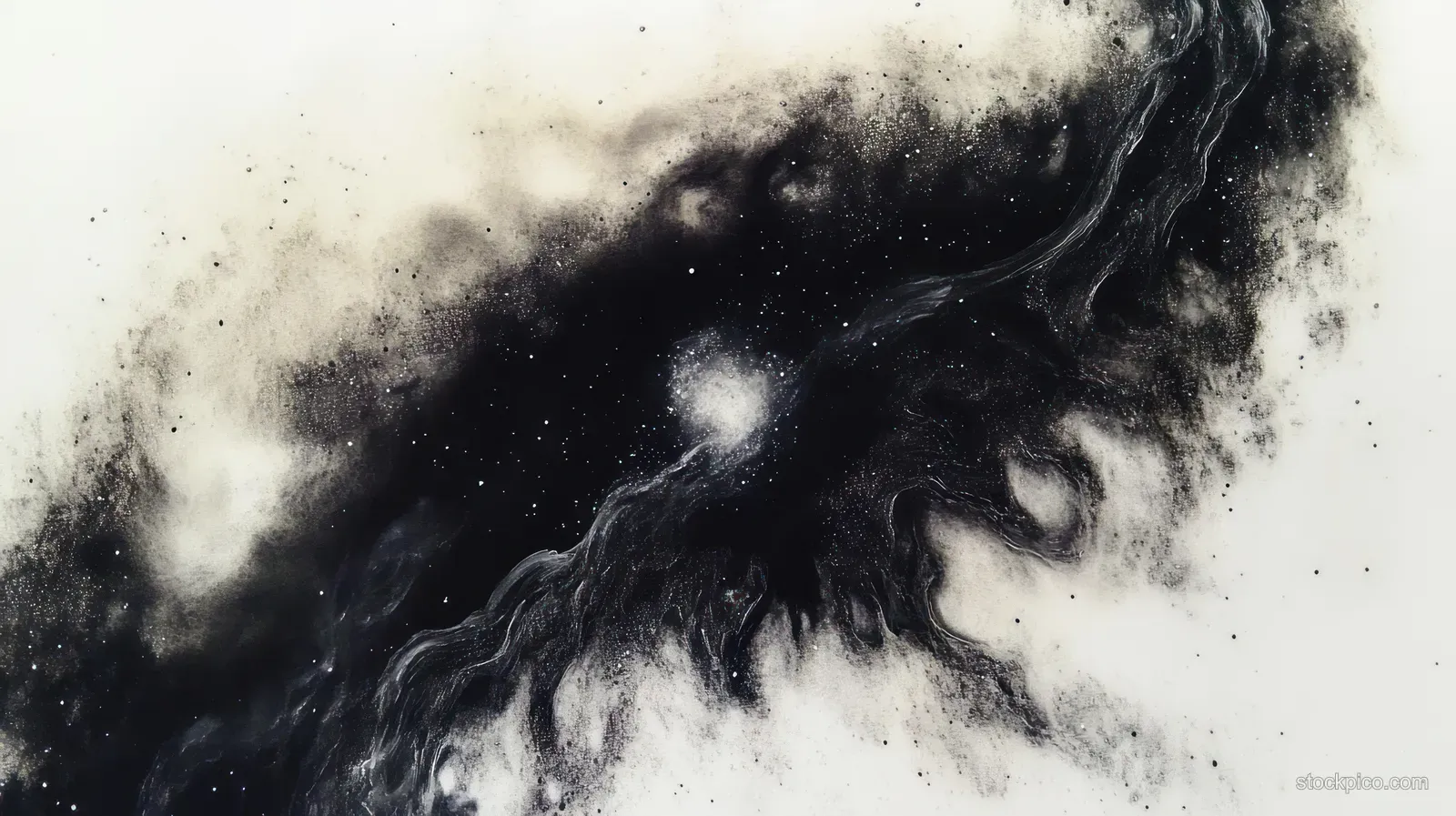 Dark nebula swirl with smoky dust texture and faint star-like specks spreading across a light background.