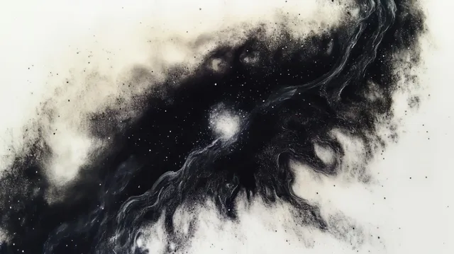 Dark nebula swirl with smoky dust texture and faint star-like specks spreading across a light background.