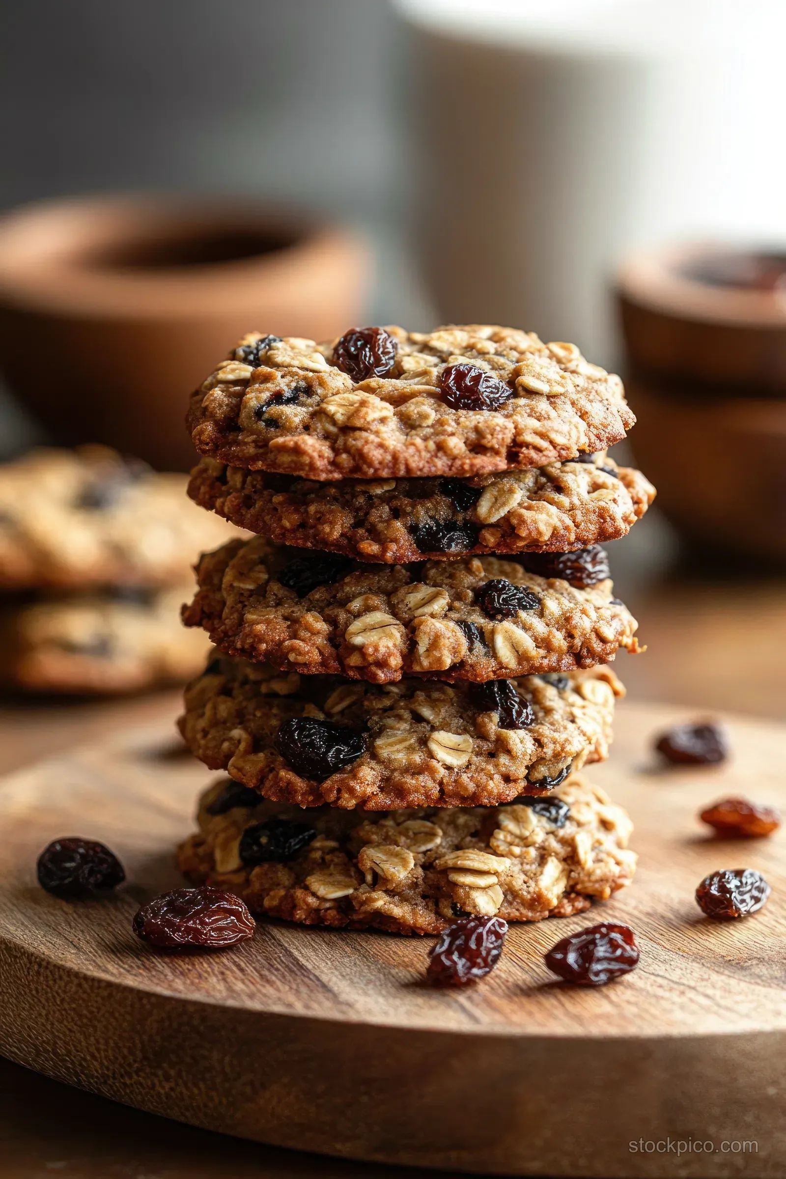Four oatmeal raisin cookies stacked on a wooden board with scattered raisins and warm blurred background.