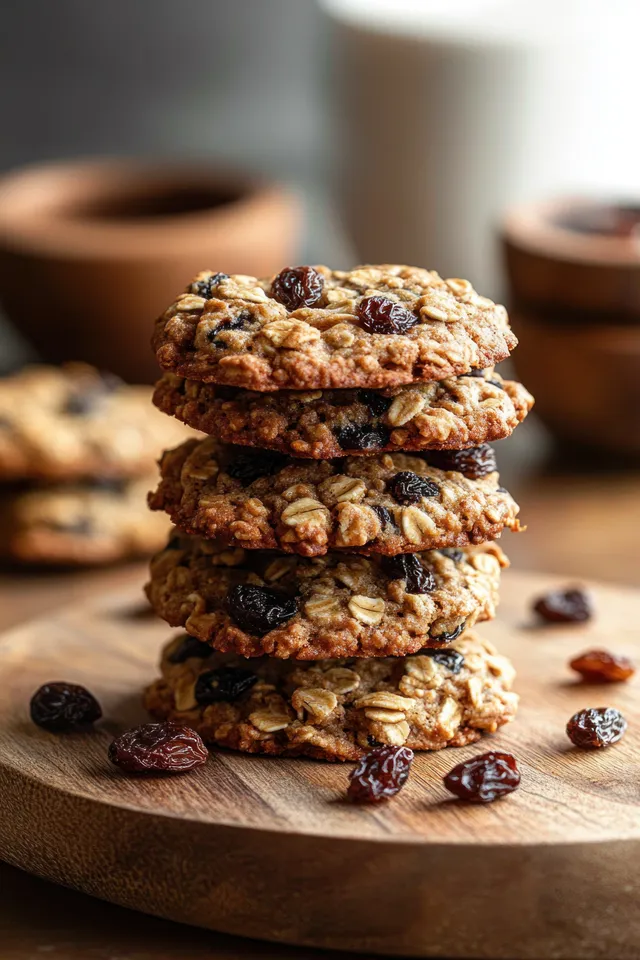 Four oatmeal raisin cookies stacked on a wooden board with scattered raisins and warm blurred background.