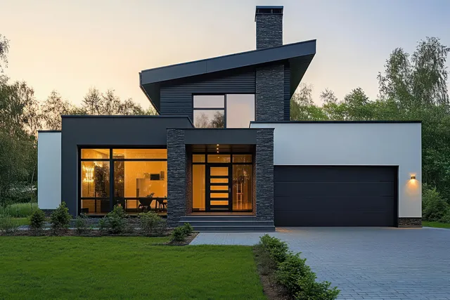Minimalist modern house with garage glowing lights at twilight, landscaped driveway and stone steps