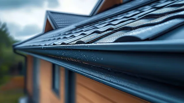 Close-up of a modern metal roof with dark tiles and a rain gutter adorned with water droplets under an overcast sky.