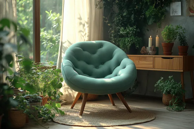 Teal tufted armchair near a sunlit window with potted plants, wooden console, and a lit candle in a Scandinavian living room.