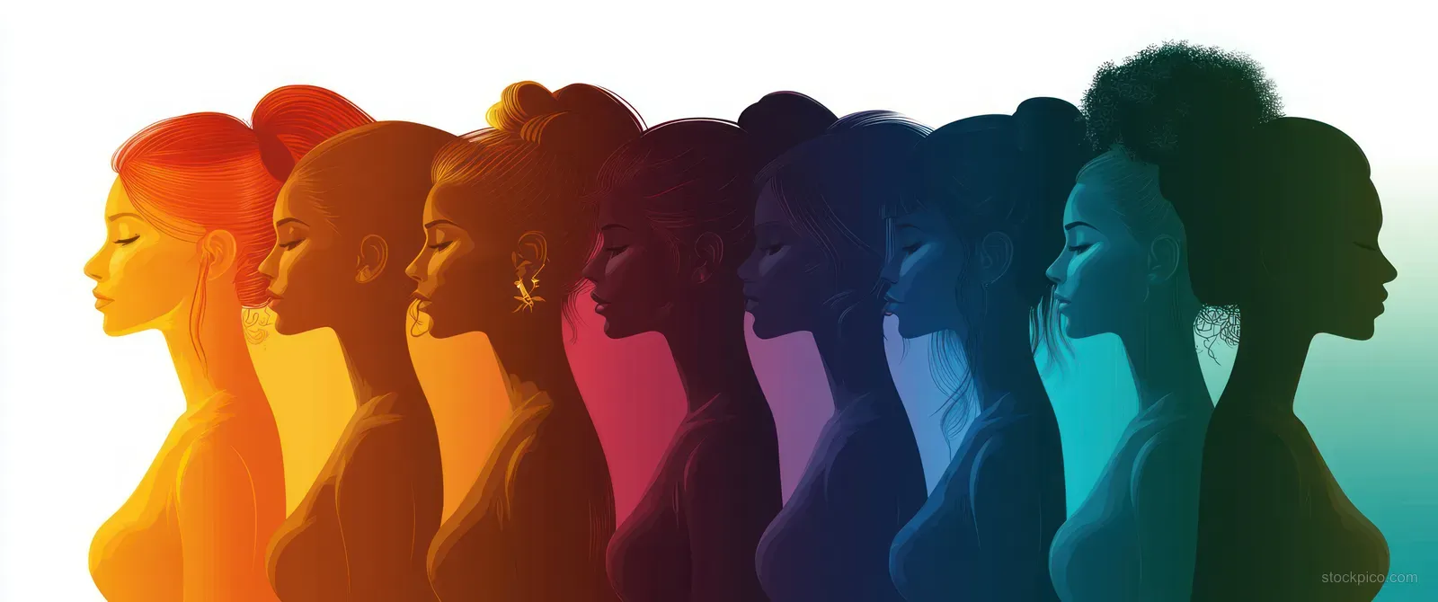 Eight side-profile silhouettes of diverse women in a gradient from warm yellow to cool green on a solid background.