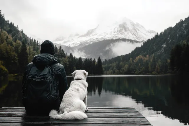 A person sits on a wooden dock with a white dog facing a calm misty lake and snowy mountain peaks.