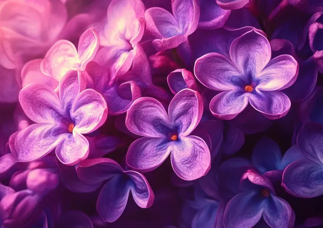Closeup of purple lilac blossoms clustered in a spring garden with overlapping petals and soft light.
