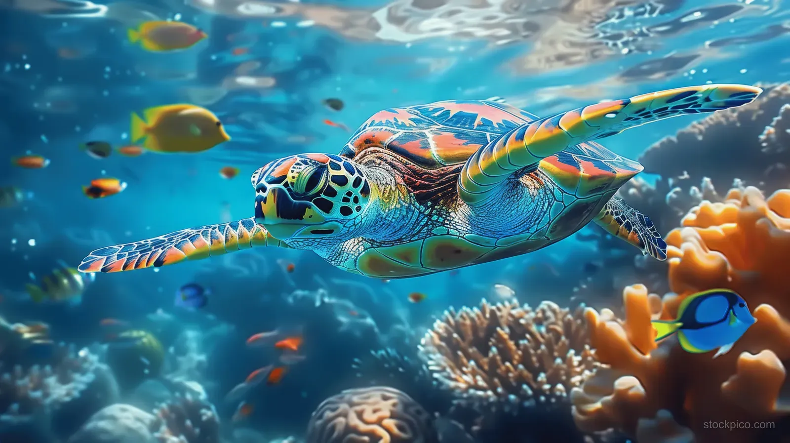 A colorful sea turtle swims over a coral reef with tropical fish in clear blue ocean water.