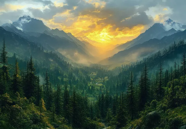 Golden sunset light spills across a misty mountain valley filled with towering pine trees.