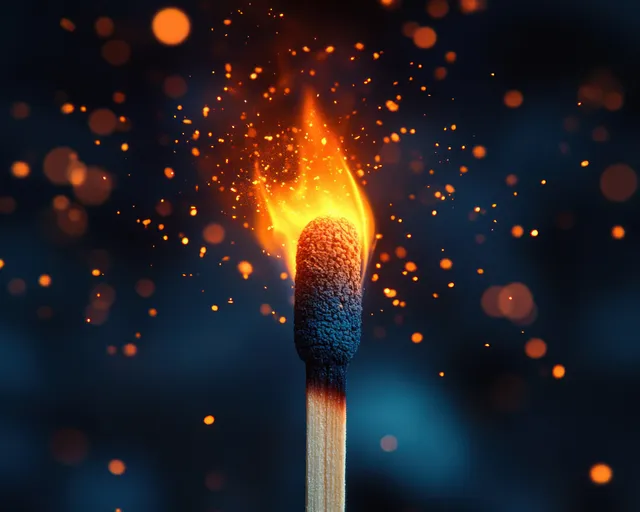 A burning matchstick with a bright orange flame and glowing sparks against a dark blue blurred background.