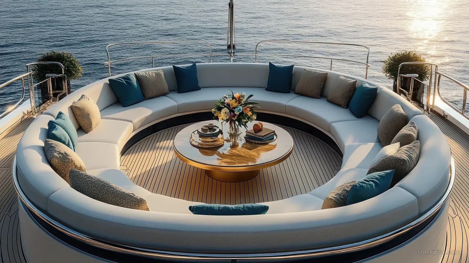 A circular yacht lounge with cushioned seating and a round table topped with flowers, facing calm ocean at sunset.