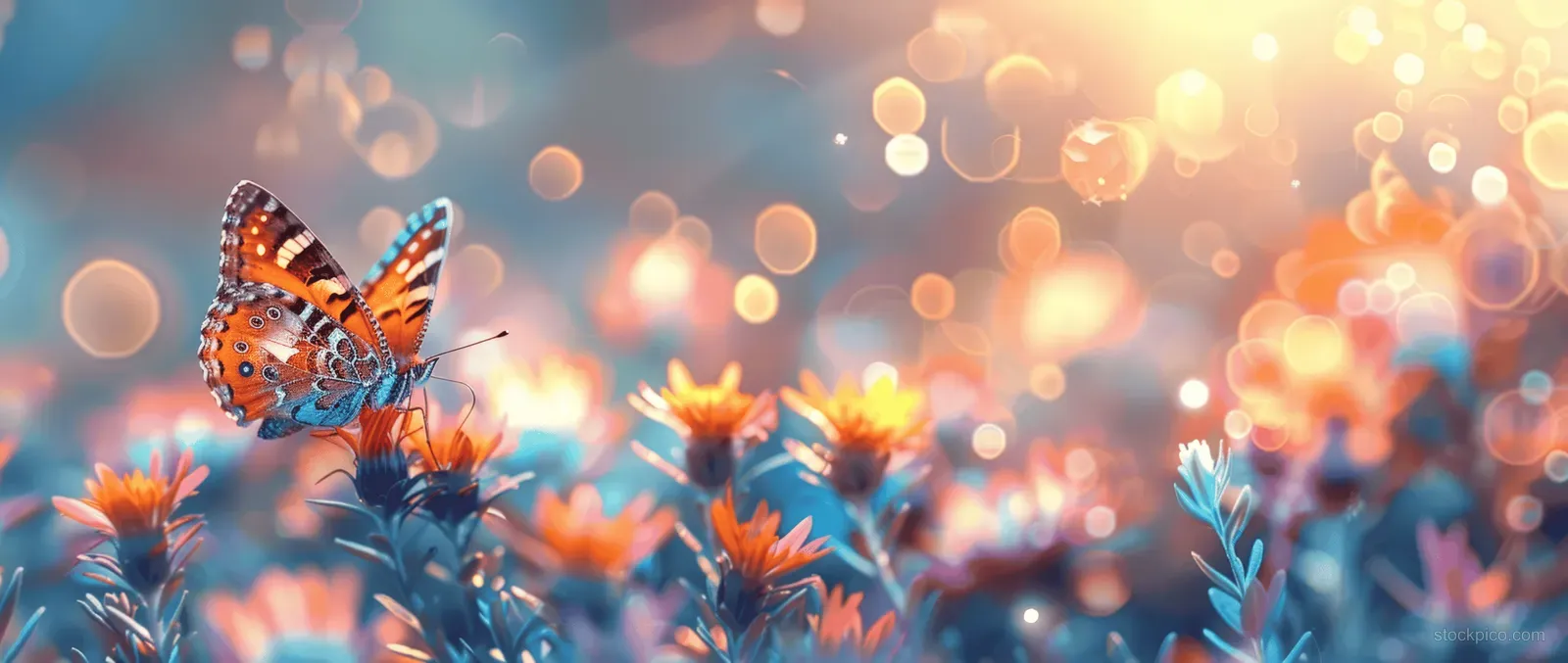 A butterfly perched on wildflowers with glowing pastel bokeh sparkles in a sunrise meadow.