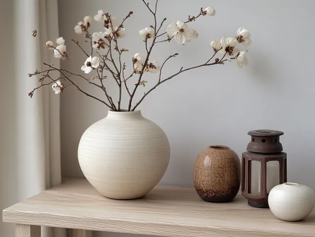 White vase with blooming branches, wicker lantern, and small ceramics sit on a light wood shelf in soft daylight.