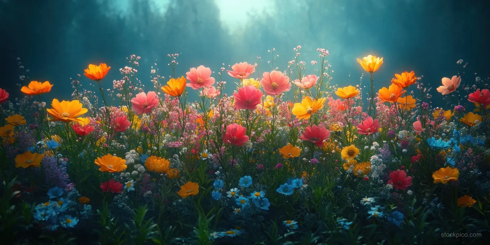 A dense wildflower meadow glows under a deep teal night sky with soft drifting mist.