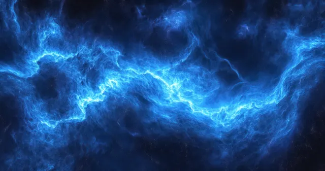 Bright blue nebula glows with swirling electric cloud currents across deep starfield background