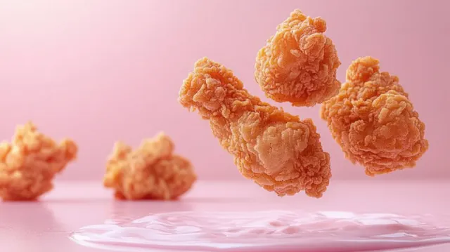 Floating crispy fried chicken bites hover over creamy white dipping sauce on a soft pink background.