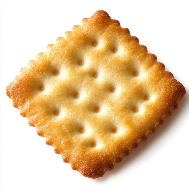 A golden brown square cracker with evenly spaced holes is isolated on a white background.