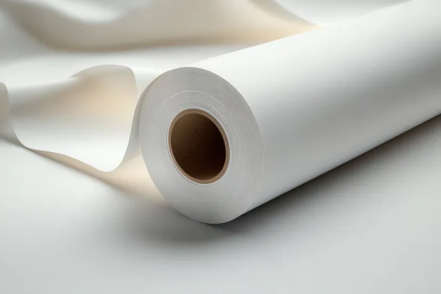 A white paper roll unfurls onto a clean white surface with a smooth curled sheet edge.
