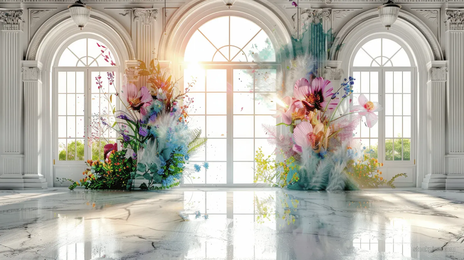 Sunlit marble hall with arched windows, gilded columns, and colorful floral arrangements along the reflective floor.