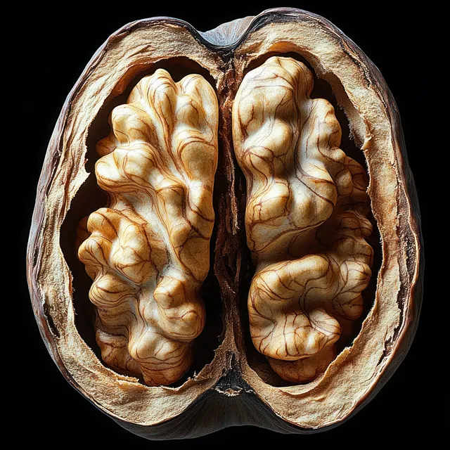 Halved walnut close-up showing textured nutmeat folds and cracked shell interior on black backdrop