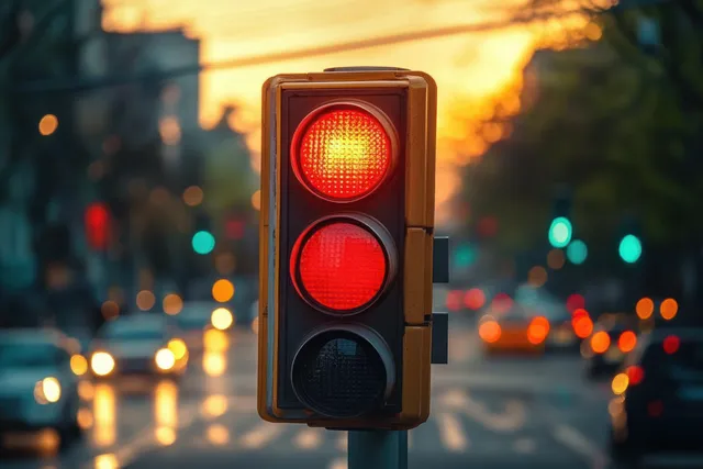 A traffic light shows a red stop signal while blurred cars and street lights fill the evening road behind it.
