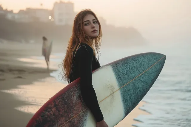 Young woman in a black wetsuit holds a surfboard on a misty beach while waves roll behind her.
