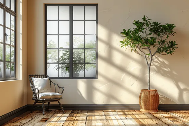 Beige interior corner with black-framed window, wooden floor, and potted tree casting shadows