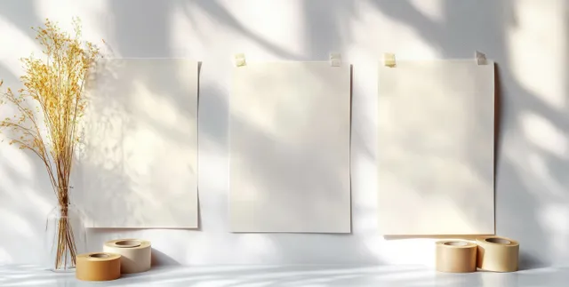 Minimalist blank paper sheets pinned with adhesive tape on soft sunlit wall