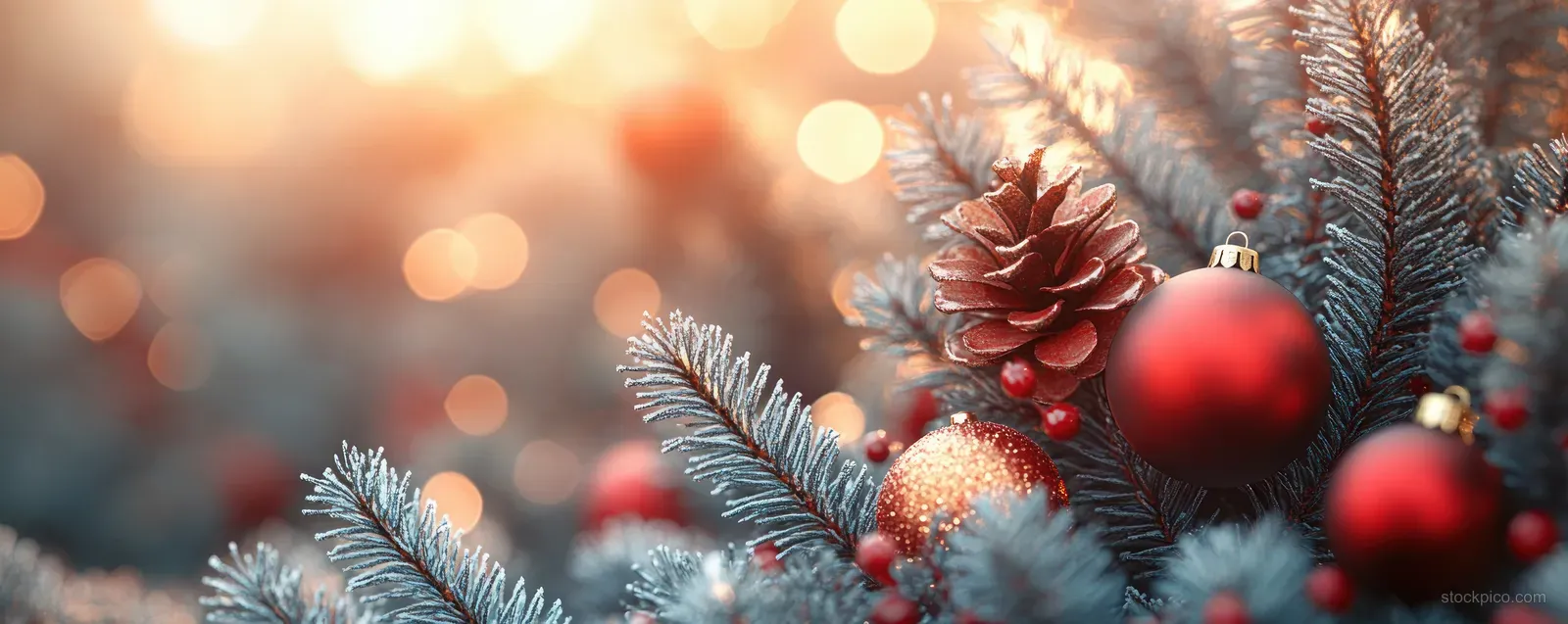 Red and gold Christmas ornaments are nestled in pine branches with warm golden bokeh lights behind them.