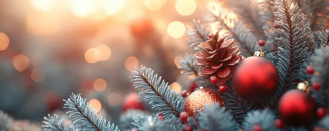 Red and gold Christmas ornaments are nestled in pine branches with warm golden bokeh lights behind them.