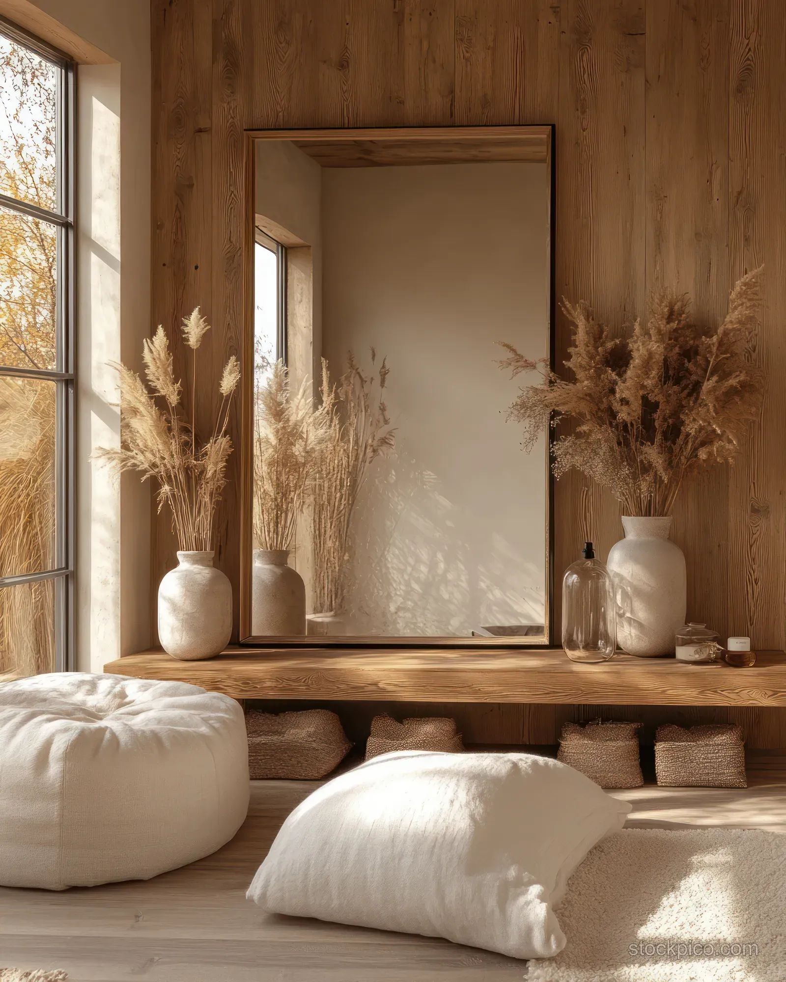 Large mirror above a wooden console with dried pampas grass in vases and floor cushions in a bright Scandinavian room.