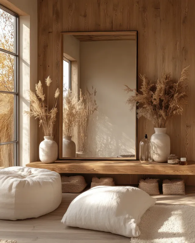Scandinavian living room console with large mirror, dried pampas grass, and soft floor cushions