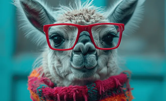 A llama wearing red glasses and a colorful scarf in a close-up portrait with a blurred background.