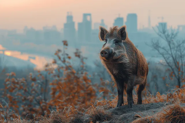 Wild boar standing on hill at dawn, facing city skyline with misty pastel haze