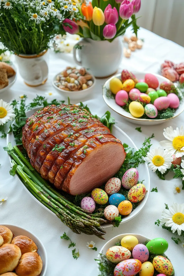 Easter table spread with glazed ham, decorated eggs, asparagus, and spring flowers