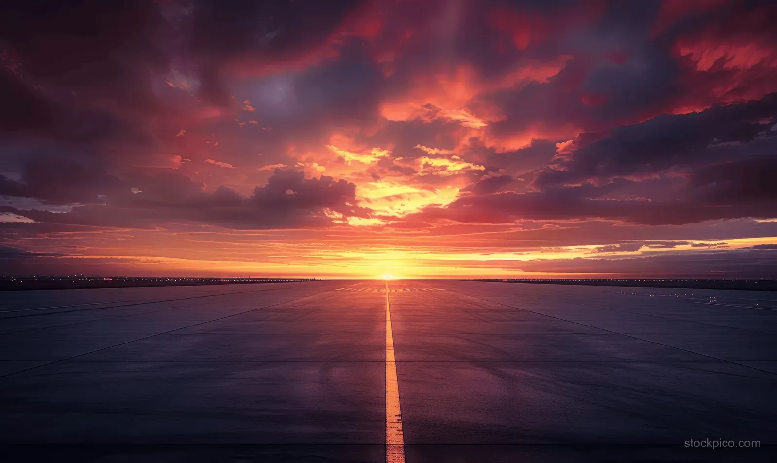 Empty airport runway leading toward a bright sunset with orange and pink clouds in the sky.