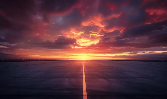 Empty airport runway leading toward a bright sunset with orange and pink clouds in the sky.