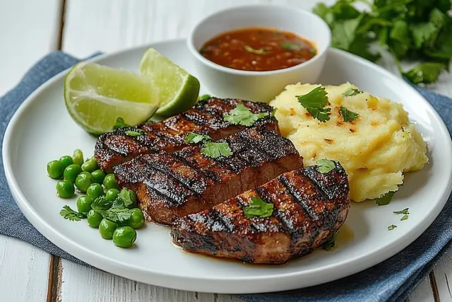 Grilled steak on a white plate with mashed potatoes, peas, lime, and dipping sauce