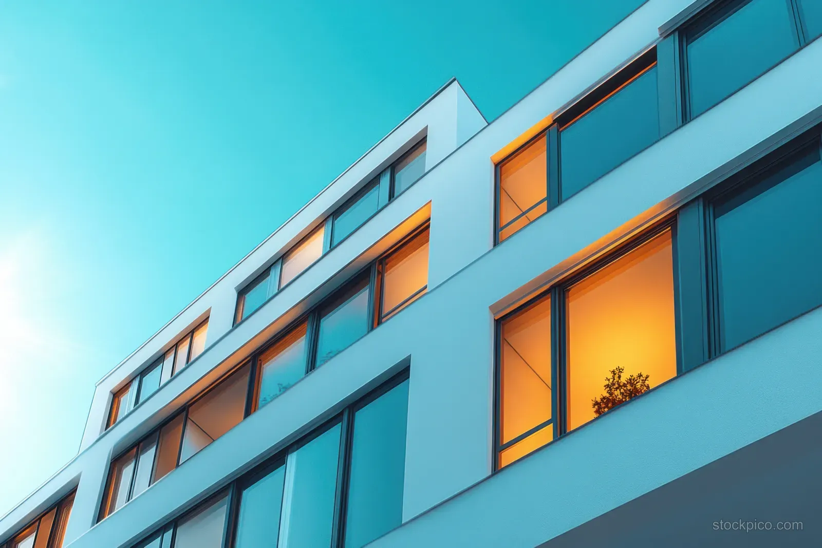 Modern apartment building façade with orange window accents and balconies under a clear blue sky.