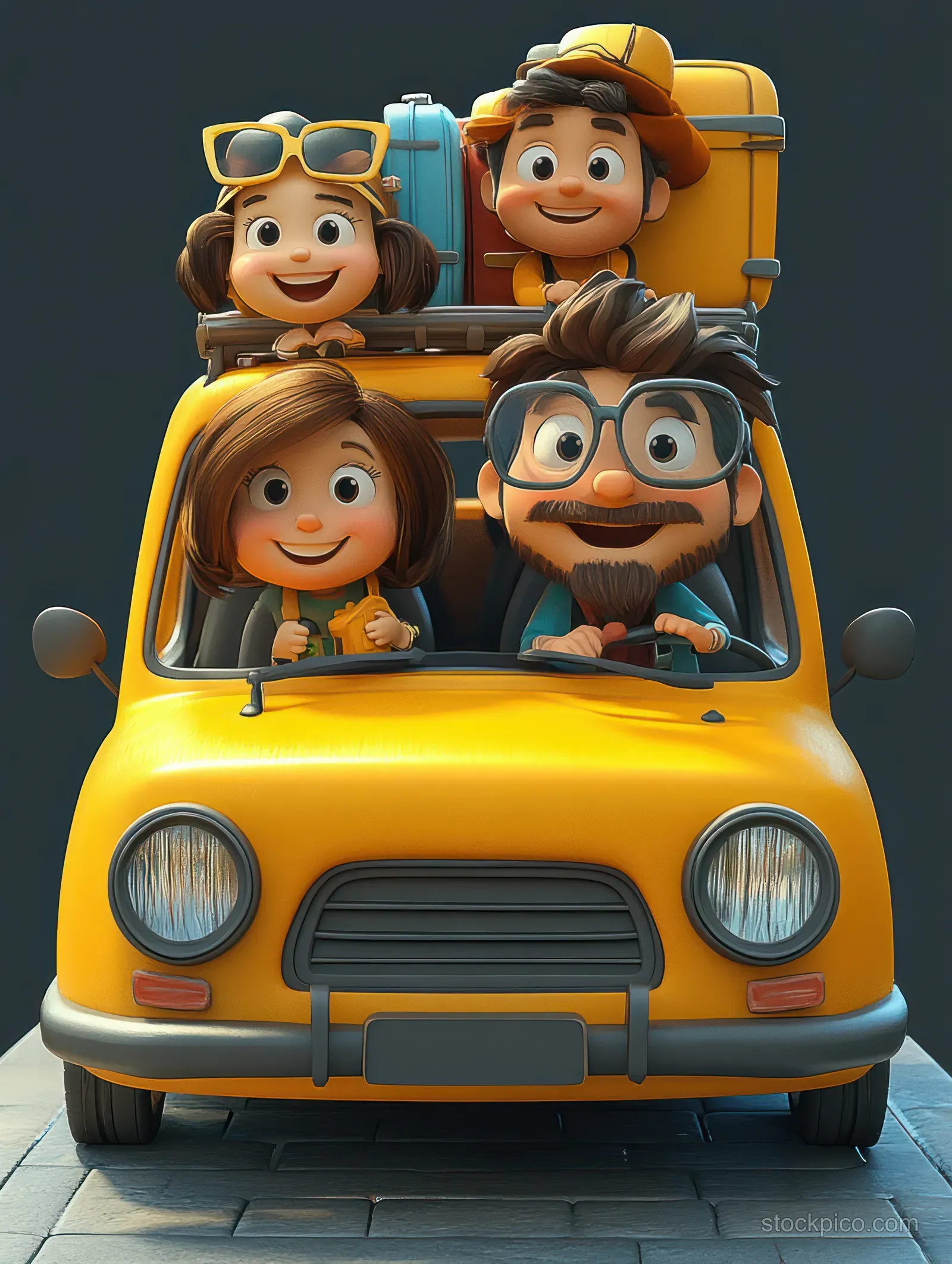 A smiling family of four inside a small yellow car with roof luggage, preparing for a trip against a dark background.