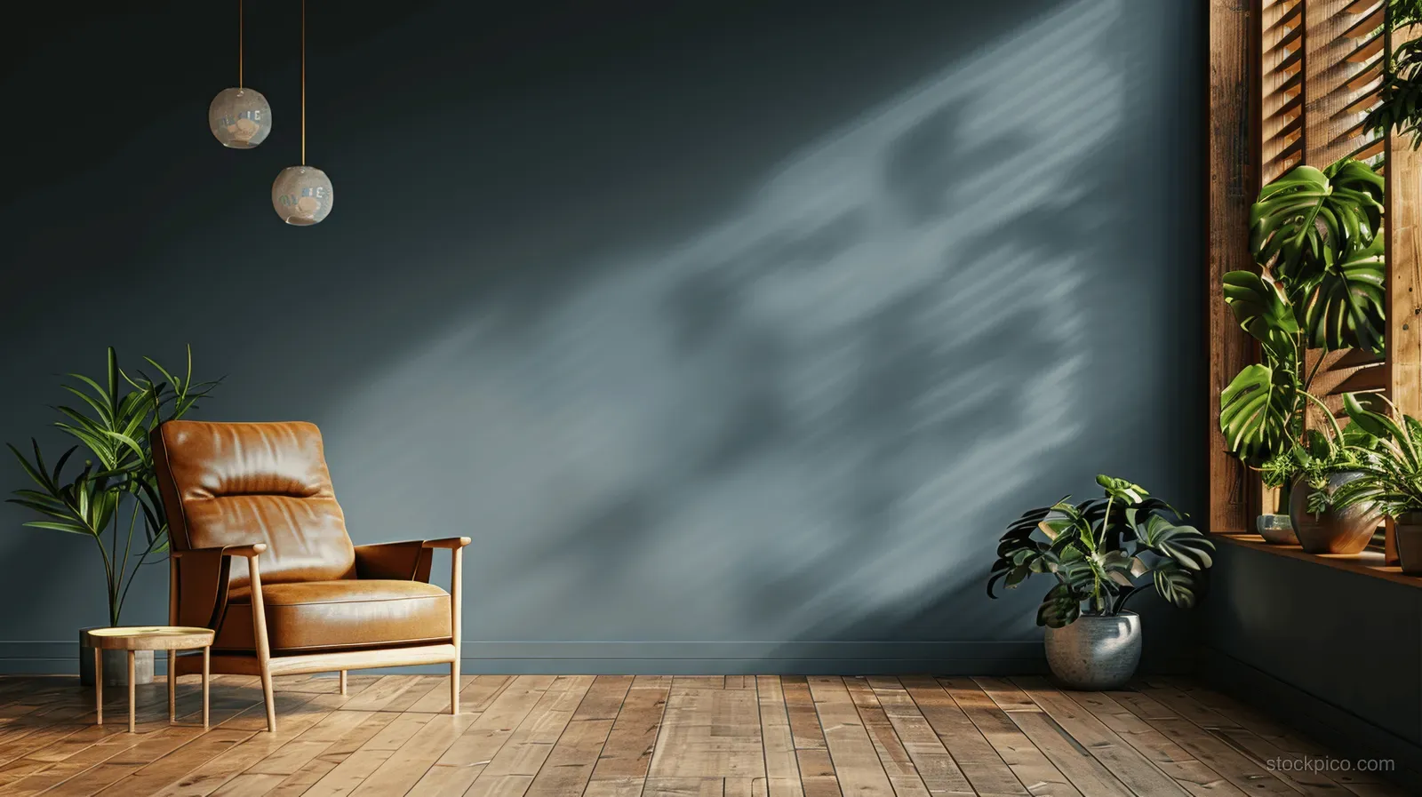 Leather armchair sits on a wooden floor in a dark living room beside potted plants and a wall.