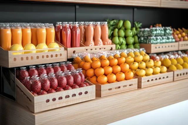 Wooden crates of oranges, grapes, and apples sit beside colorful bottles on a grocery shelf.